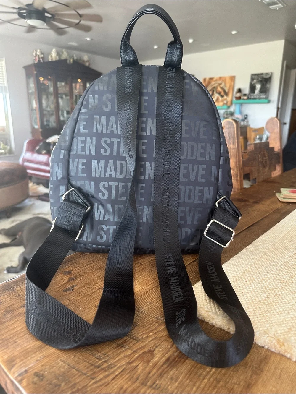 Steve Madden Black Logo Print Backpack with Silver Hardware